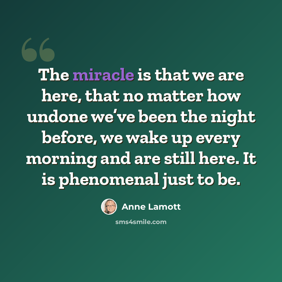 “The miracle is that we are here, that no matter how undone we’ve been the night before, we wake up every morning and are still here. It is phenomenal just to be.” quote by Anne Lamott