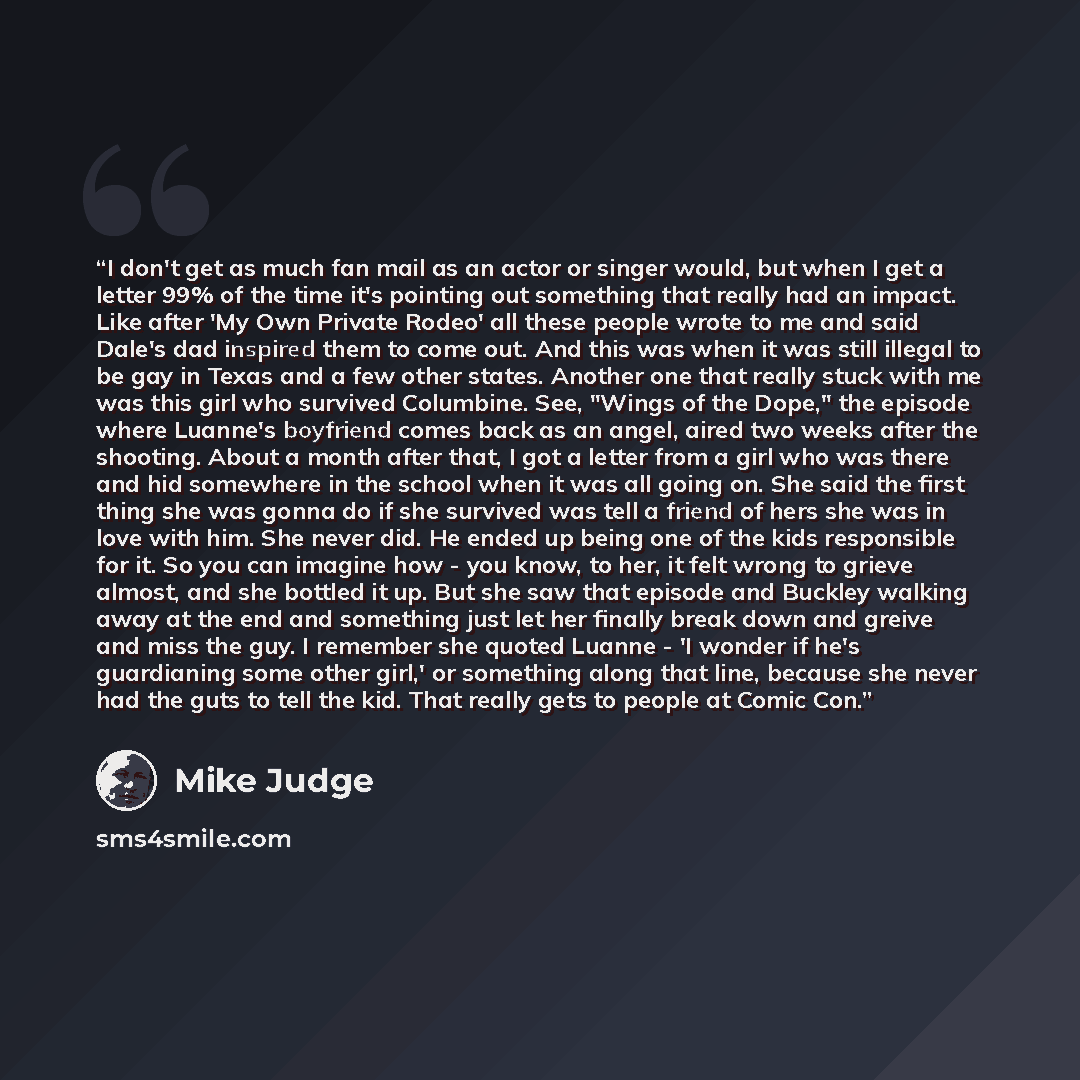 “I don't get as much fan mail as an actor or singer would, but when I get a letter 99% of the time it's pointing out something that really had an impact. Like after 'My Own Private Rodeo' all these people wrote to me and said Dale's dad inspired them to come out. And this was when it was still…” quote by Mike Judge