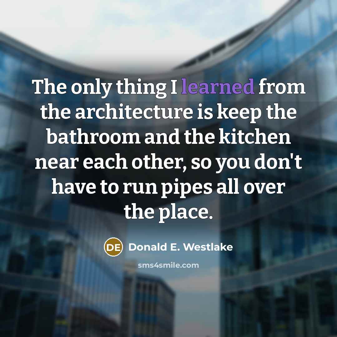 “The only thing I learned from the architecture is keep the bathroom and the kitchen near each other, so you don't have to run pipes all over the place.” quote by Donald E. Westlake