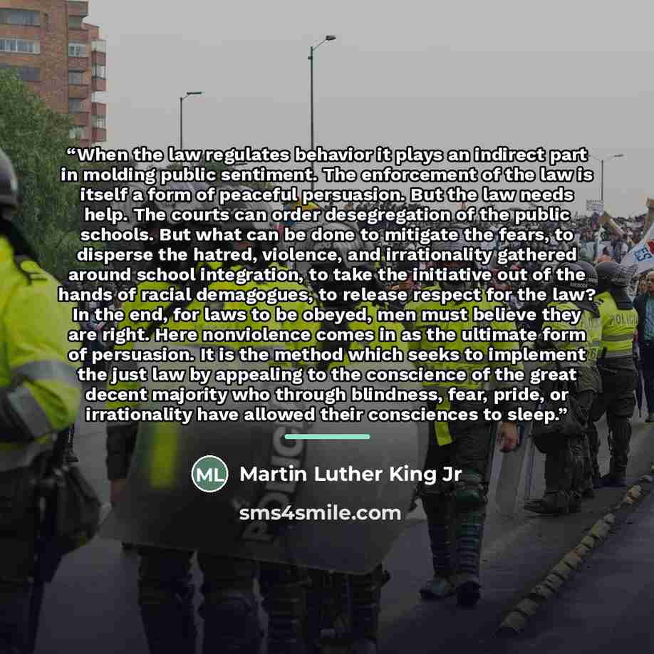 “When the law regulates behavior it plays an indirect part in molding public sentiment. The enforcement of the law is itself a form of peaceful persuasion. But the law needs help. The courts can order desegregation of the public schools. But what can be done to mitigate the fears, to disperse the…” quote by Martin Luther King Jr