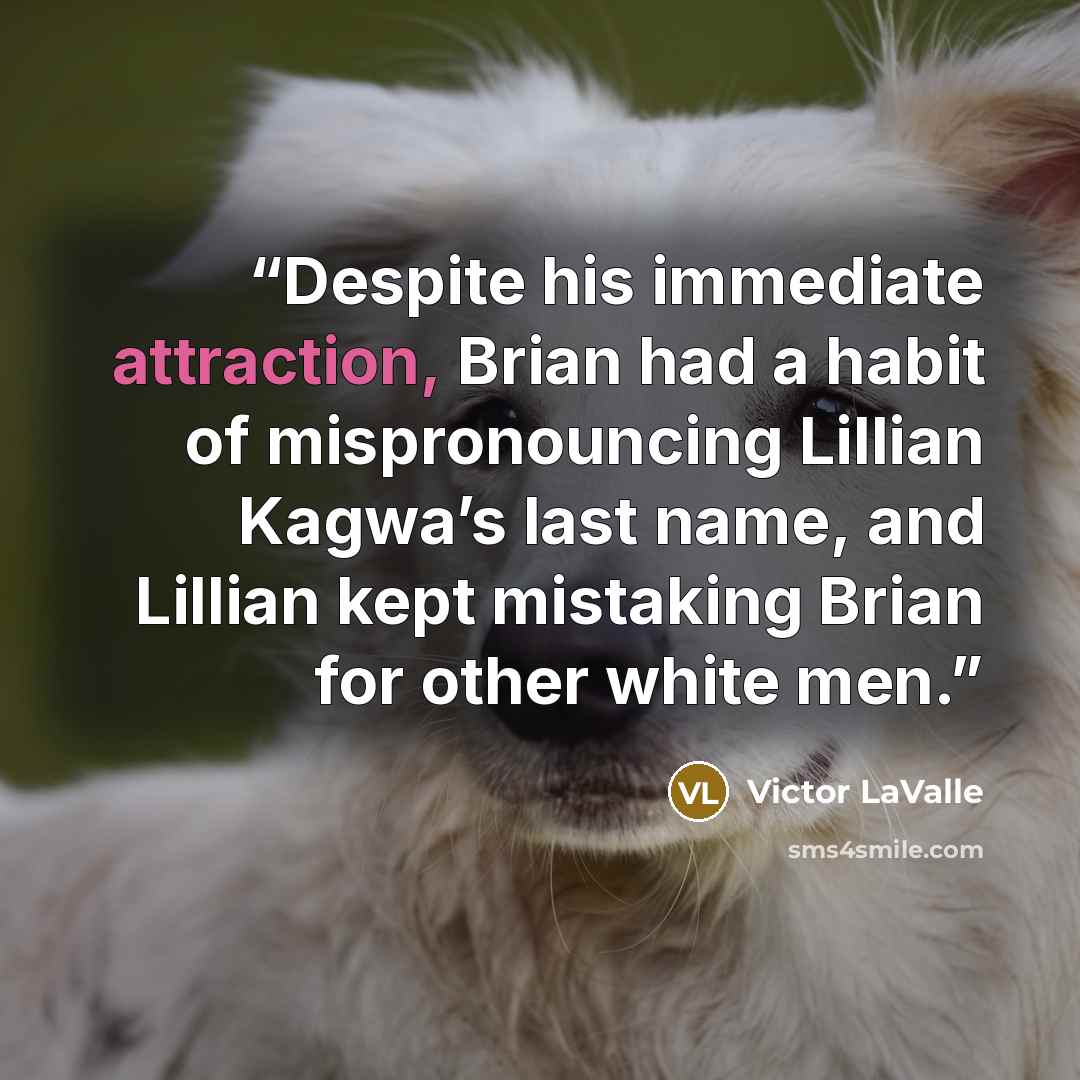 “Despite his immediate attraction, Brian had a habit of mispronouncing Lillian Kagwa’s last name, and Lillian kept mistaking Brian for other white men.” quote by Victor LaValle