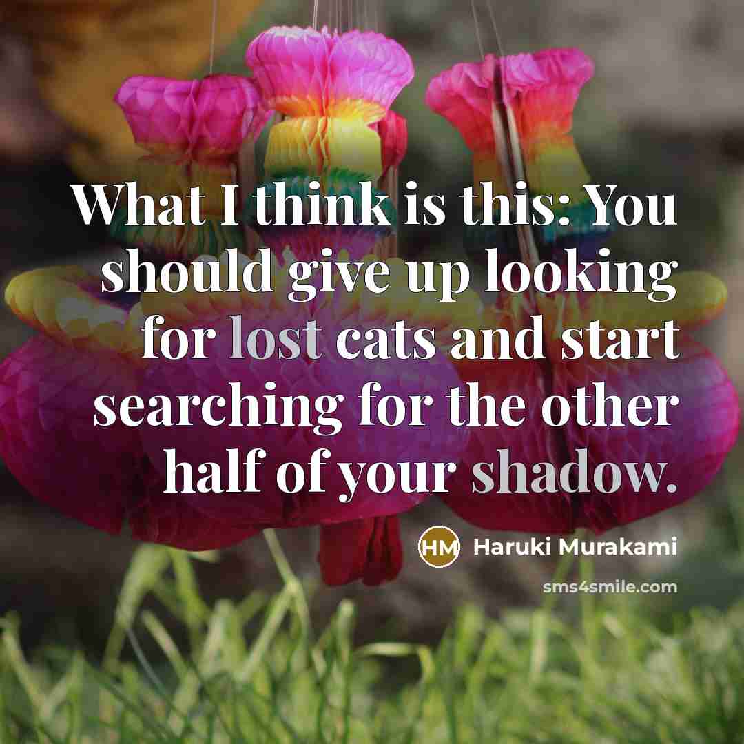 “What I think is this: You should give up looking for lost cats and start searching for the other half of your shadow.” quote by Haruki Murakami