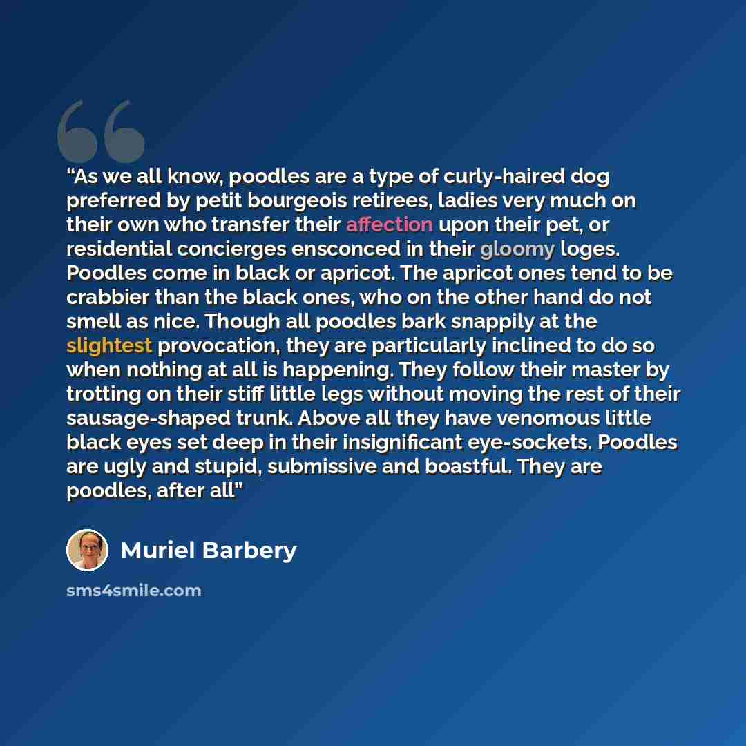 “As we all know, poodles are a type of curly-haired dog preferred by petit bourgeois retirees, ladies very much on their own who transfer their affection upon their pet, or residential concierges ensconced in their gloomy loges. Poodles come in black or apricot. The apricot ones tend to be crabbier…” quote by Muriel Barbery