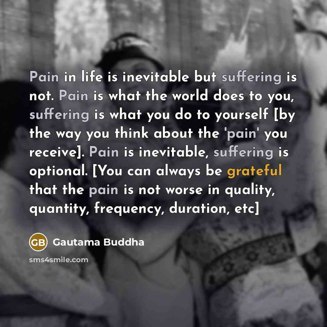 “Pain in life is inevitable but suffering is not. Pain is what the world does to you, suffering is what you do to yourself [by the way you think about the 'pain' you receive]. Pain is inevitable, suffering is optional. [You can always be grateful that the pain is not worse in quality, quantity…” quote by Gautama Buddha
