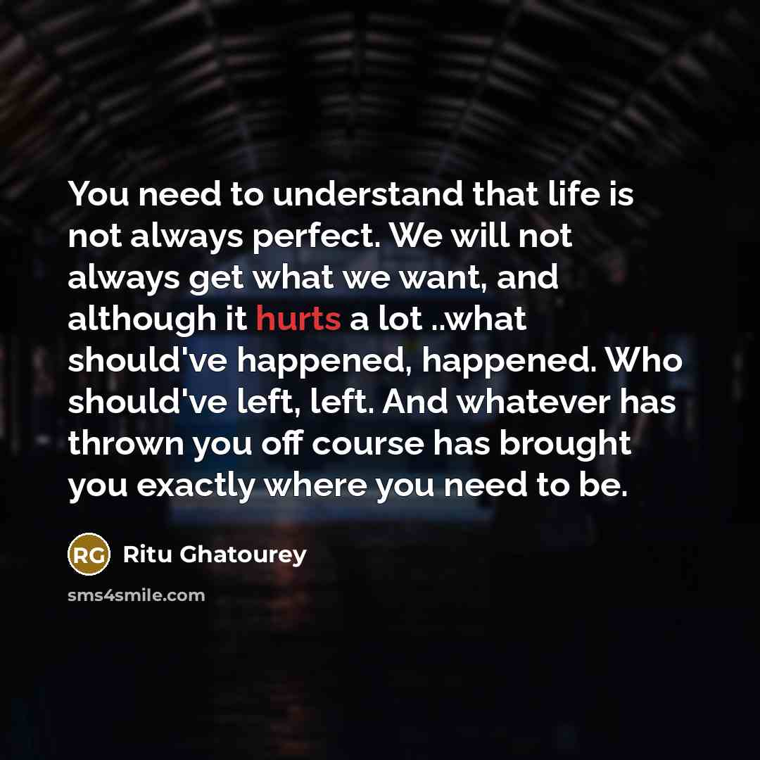 “You need to understand that life is not always perfect. We will not always get what we want, and although it hurts a lot ..what should've happened, happened. Who should've left, left. And whatever has thrown you off course has brought you exactly where you need to be.” quote by Ritu Ghatourey