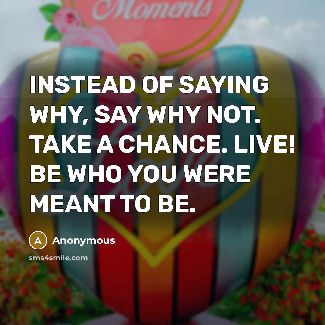“INSTEAD OF SAYING WHY, SAY WHY NOT. TAKE A CHANCE. LIVE! BE WHO YOU WERE MEANT TO BE.” quote by Anonymous