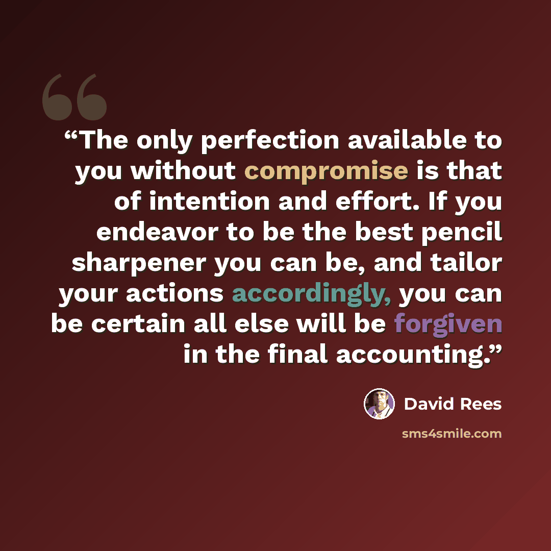 “The only perfection available to you without compromise is that of intention and effort. If you endeavor to be the best pencil sharpener you can be, and tailor your actions accordingly, you can be certain all else will be forgiven in the final accounting.” quote by David Rees