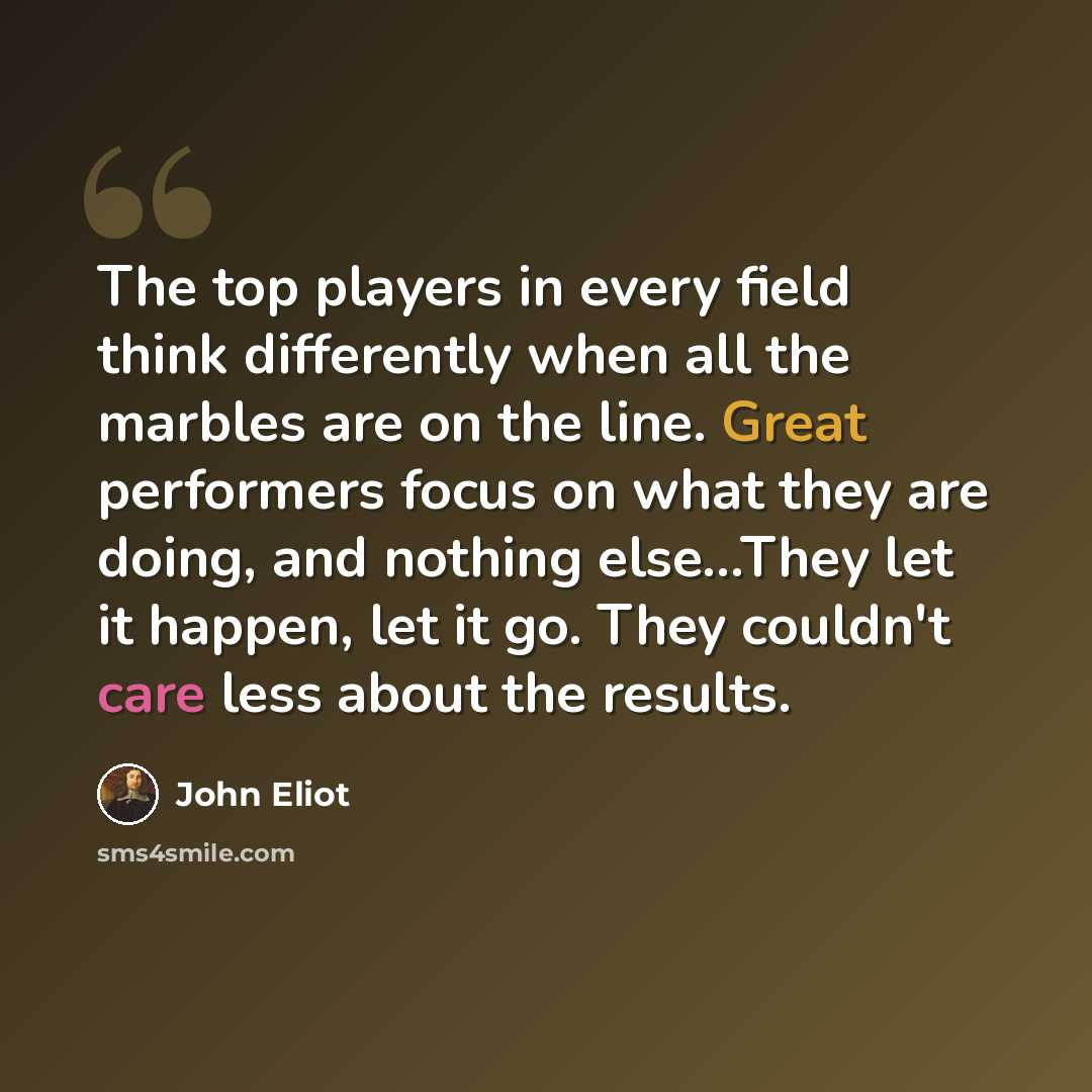 “The top players in every field think differently when all the marbles are on the line. Great performers focus on what they are doing, and nothing else...They let it happen, let it go. They couldn't care less about the results.” quote by John Eliot