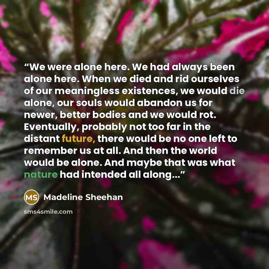 “We were alone here. We had always been alone here. When we died and rid ourselves of our meaningless existences, we would die alone, our souls would abandon us for newer, better bodies and we would rot. Eventually, probably not too far in the distant future, there would be no one left to remember…” quote by Madeline Sheehan