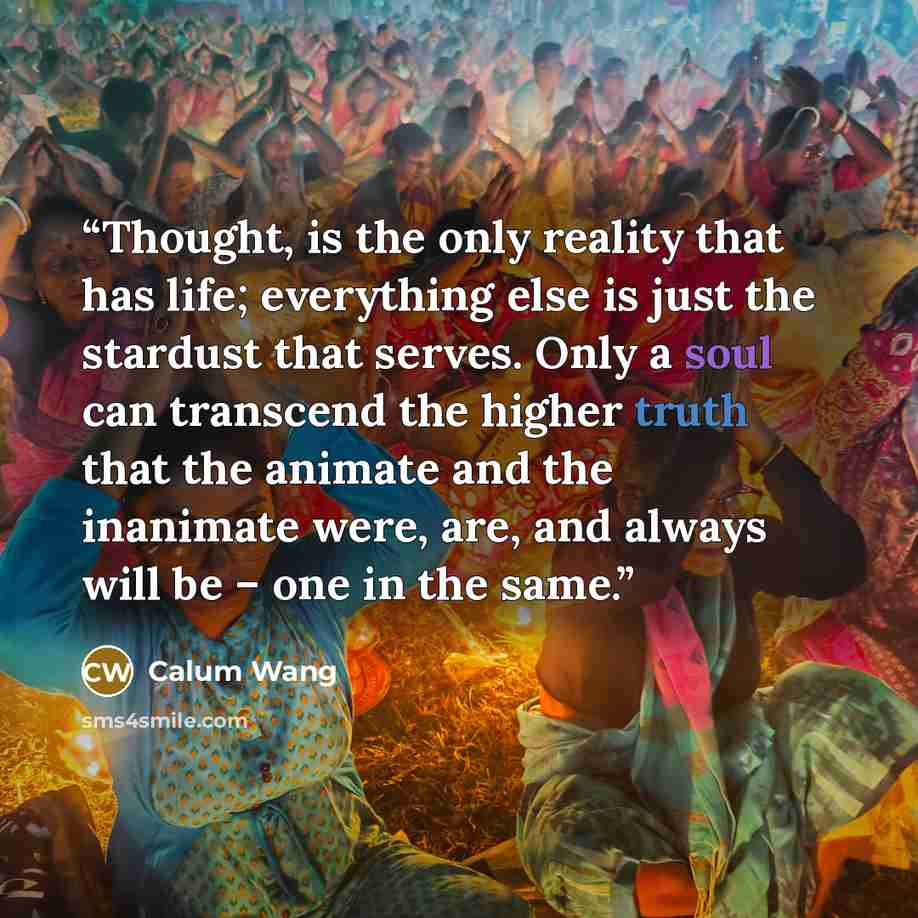 “Thought, is the only reality that has life; everything else is just the stardust that serves. Only a soul can transcend the higher truth that the animate and the inanimate were, are, and always will be – one in the same.” quote by Calum Wang
