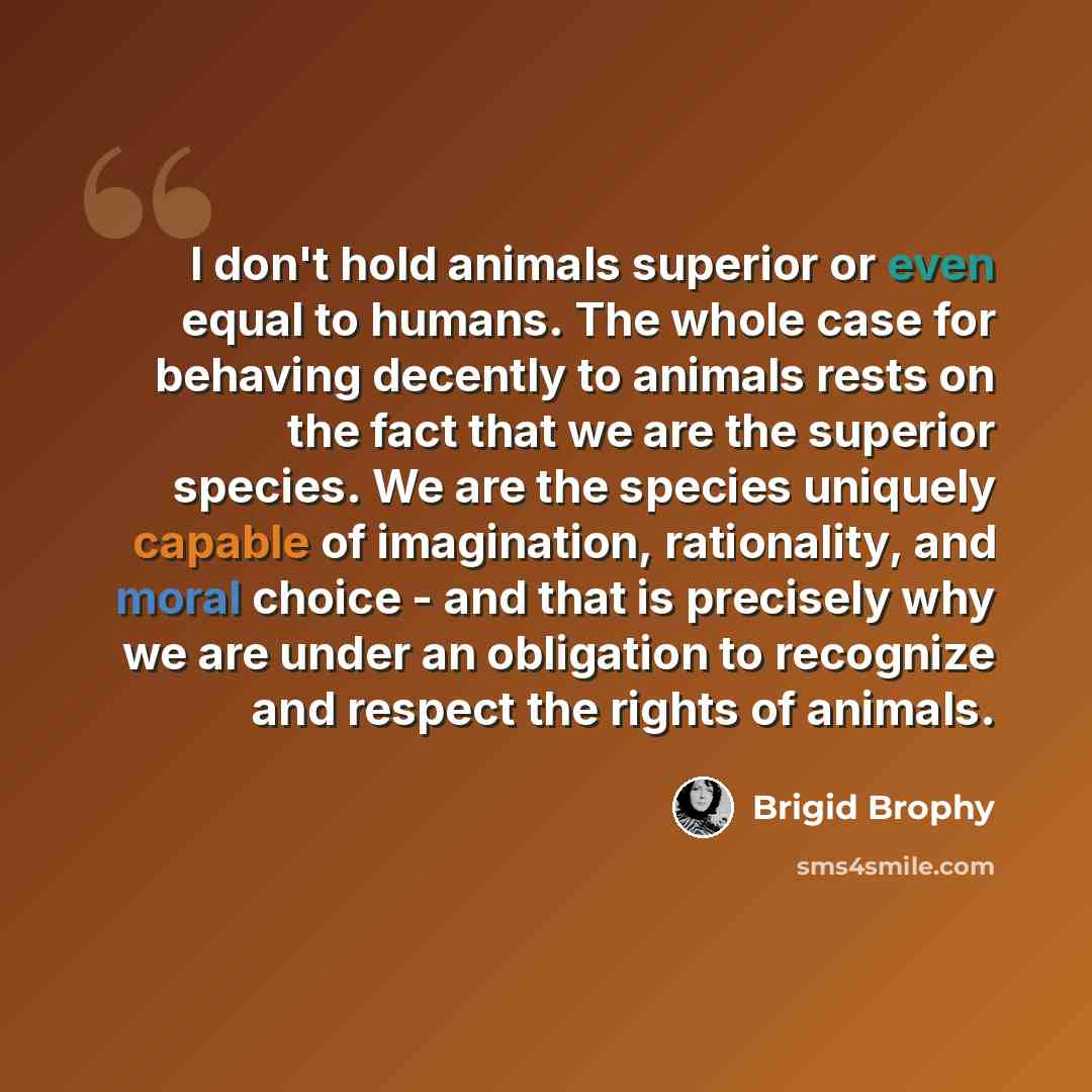 “I don't hold animals superior or even equal to humans. The whole case for behaving decently to animals rests on the fact that we are the superior species. We are the species uniquely capable of imagination, rationality, and moral choice - and that is precisely why we are under an obligation to…” quote by Brigid Brophy