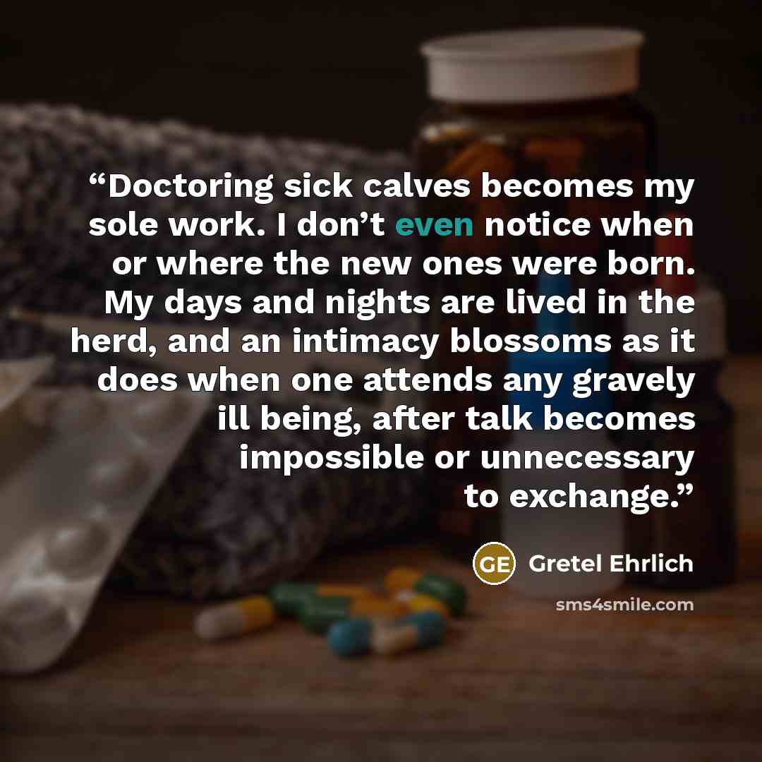 “Doctoring sick calves becomes my sole work. I don’t even notice when or where the new ones were born. My days and nights are lived in the herd, and an intimacy blossoms as it does when one attends any gravely ill being, after talk becomes impossible or unnecessary to exchange.” quote by Gretel Ehrlich