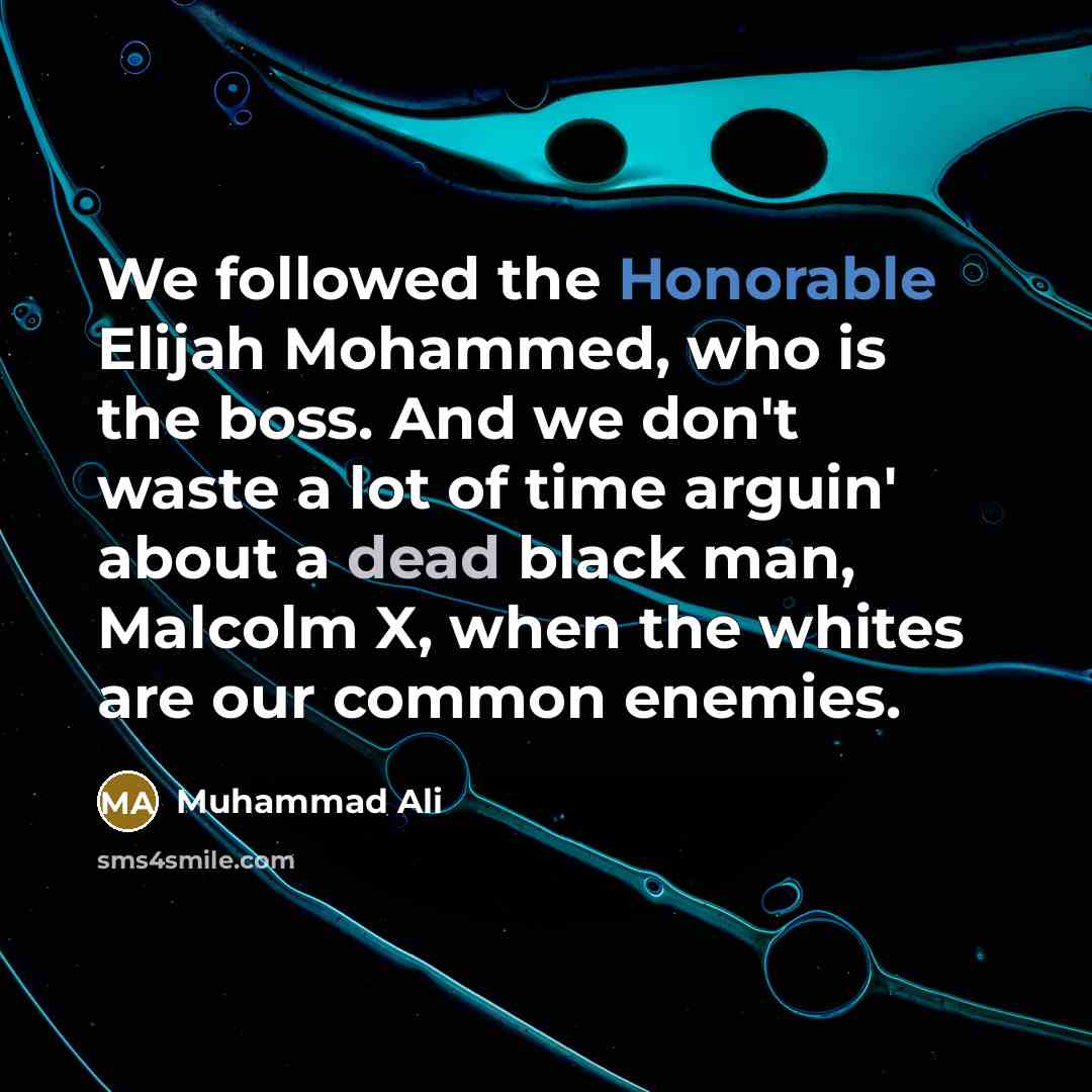 “We followed the Honorable Elijah Mohammed, who is the boss. And we don't waste a lot of time arguin' about a dead black man, Malcolm X, when the whites are our common enemies.” quote by Muhammad Ali