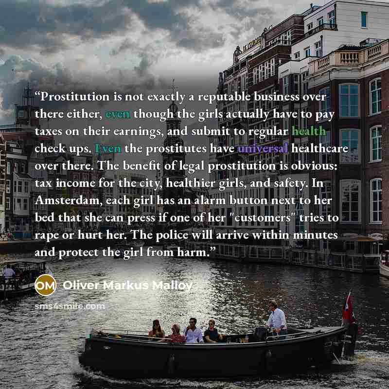 “Prostitution is not exactly a reputable business over there either, even though the girls actually have to pay taxes on their earnings, and submit to regular health check ups. Even the prostitutes have universal healthcare over there. The benefit of legal prostitution is obvious: tax income for…” quote by Oliver Markus Malloy