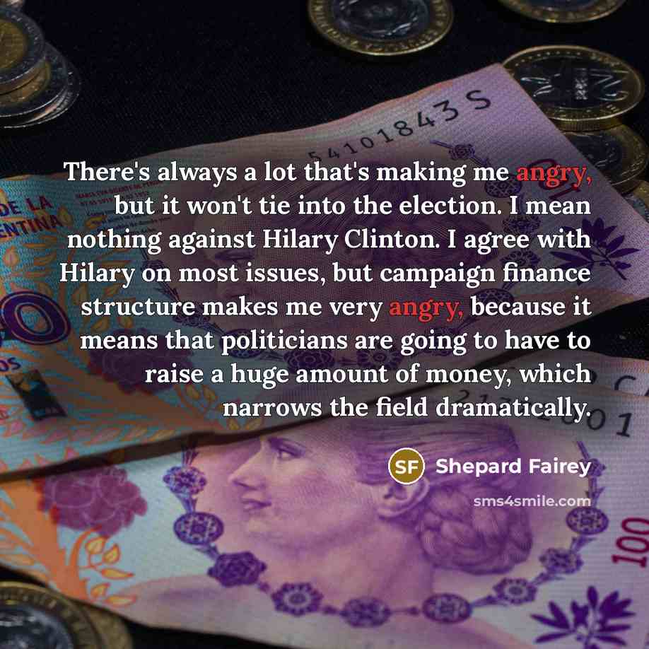 “There's always a lot that's making me angry, but it won't tie into the election. I mean nothing against Hilary Clinton. I agree with Hilary on most issues, but campaign finance structure makes me very angry, because it means that politicians are going to have to raise a huge amount of money, which…” quote by Shepard Fairey