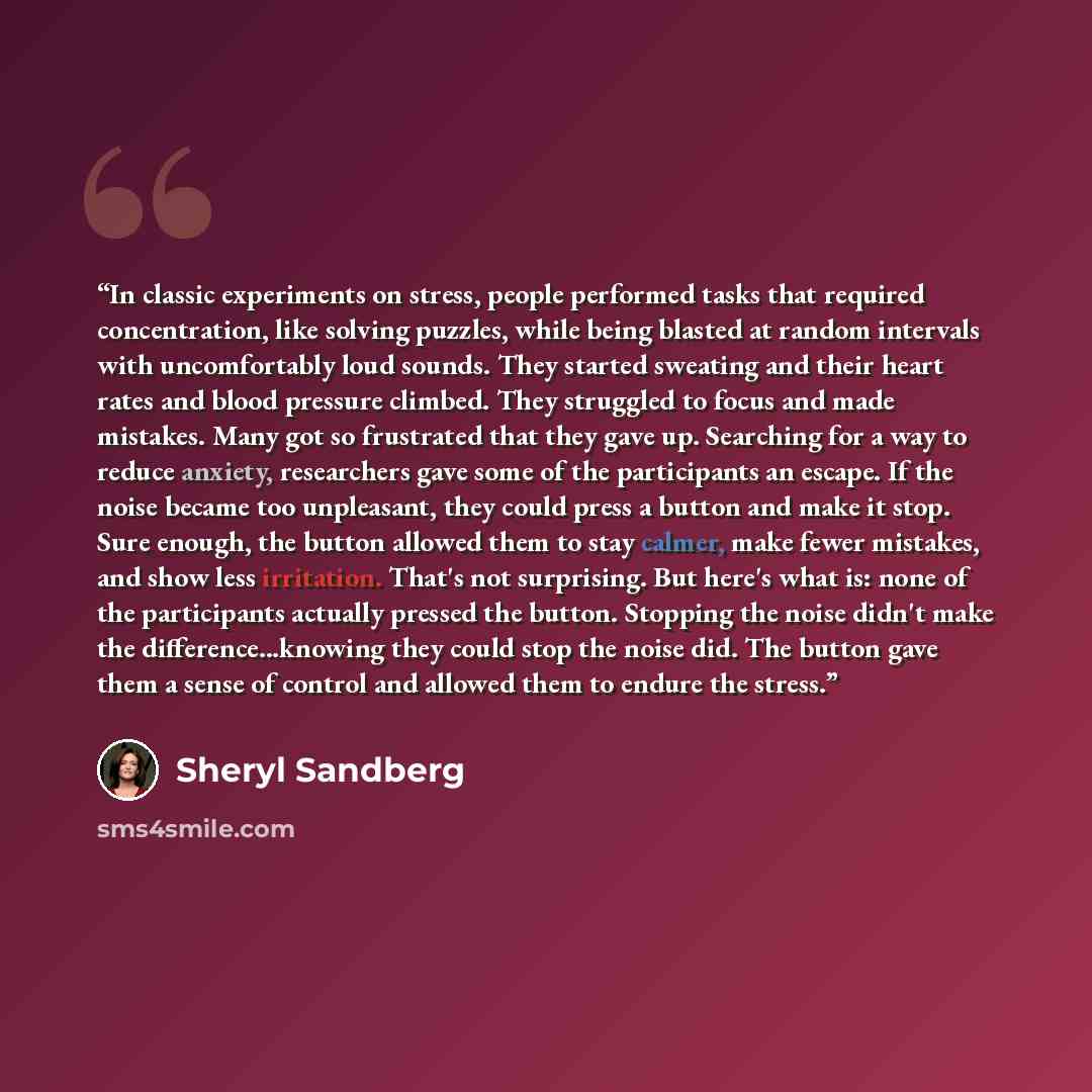 “In classic experiments on stress, people performed tasks that required concentration, like solving puzzles, while being blasted at random intervals with uncomfortably loud sounds. They started sweating and their heart rates and blood pressure climbed. They struggled to focus and made mistakes…” quote by Sheryl Sandberg