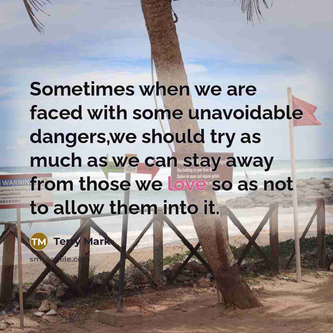 “Sometimes when we are faced with some unavoidable dangers,we should try as much as we can stay away from those we love so as not to allow them into it.” quote by Terry Mark