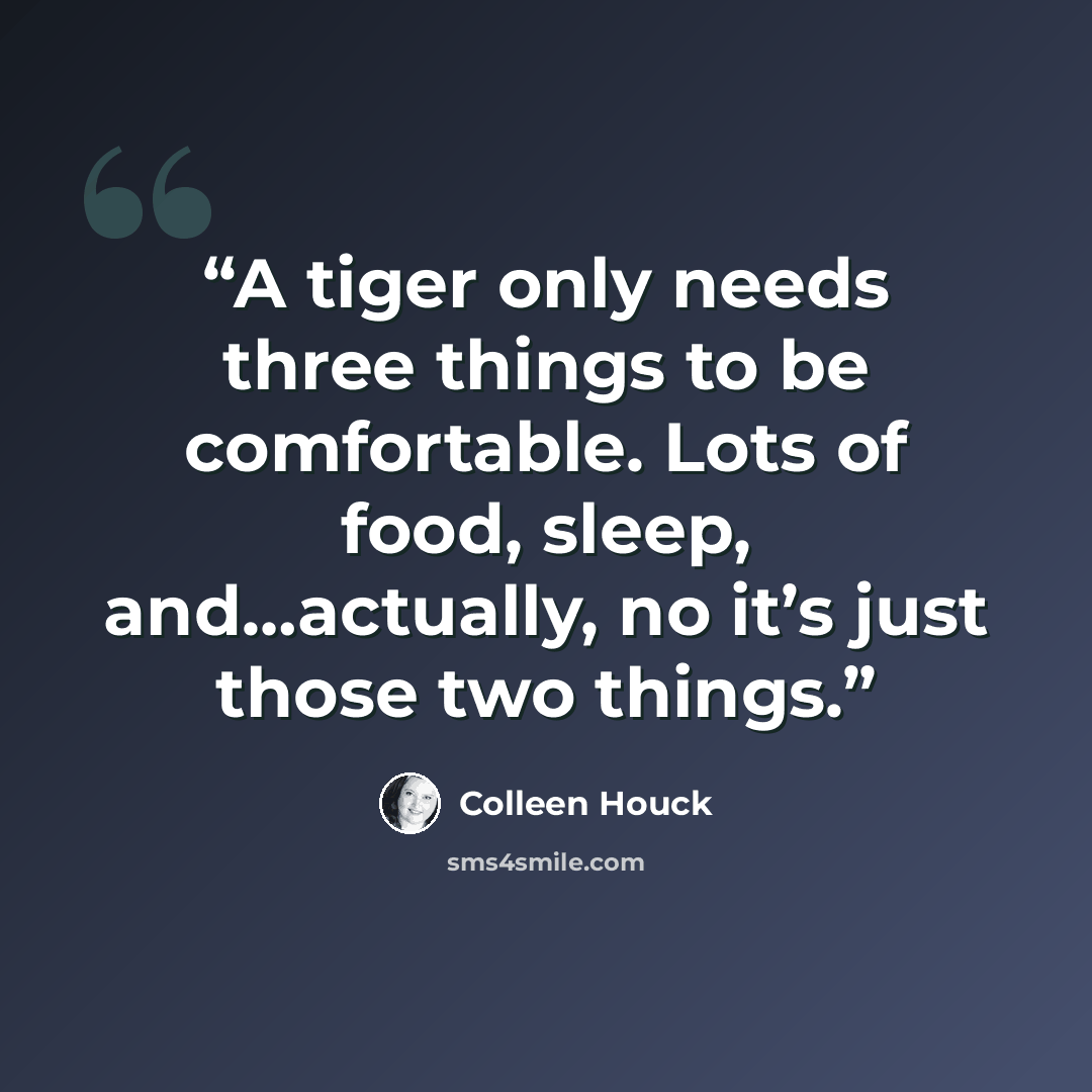 “A tiger only needs three things to be comfortable. Lots of food, sleep, and…actually, no it’s just those two things.” quote by Colleen Houck