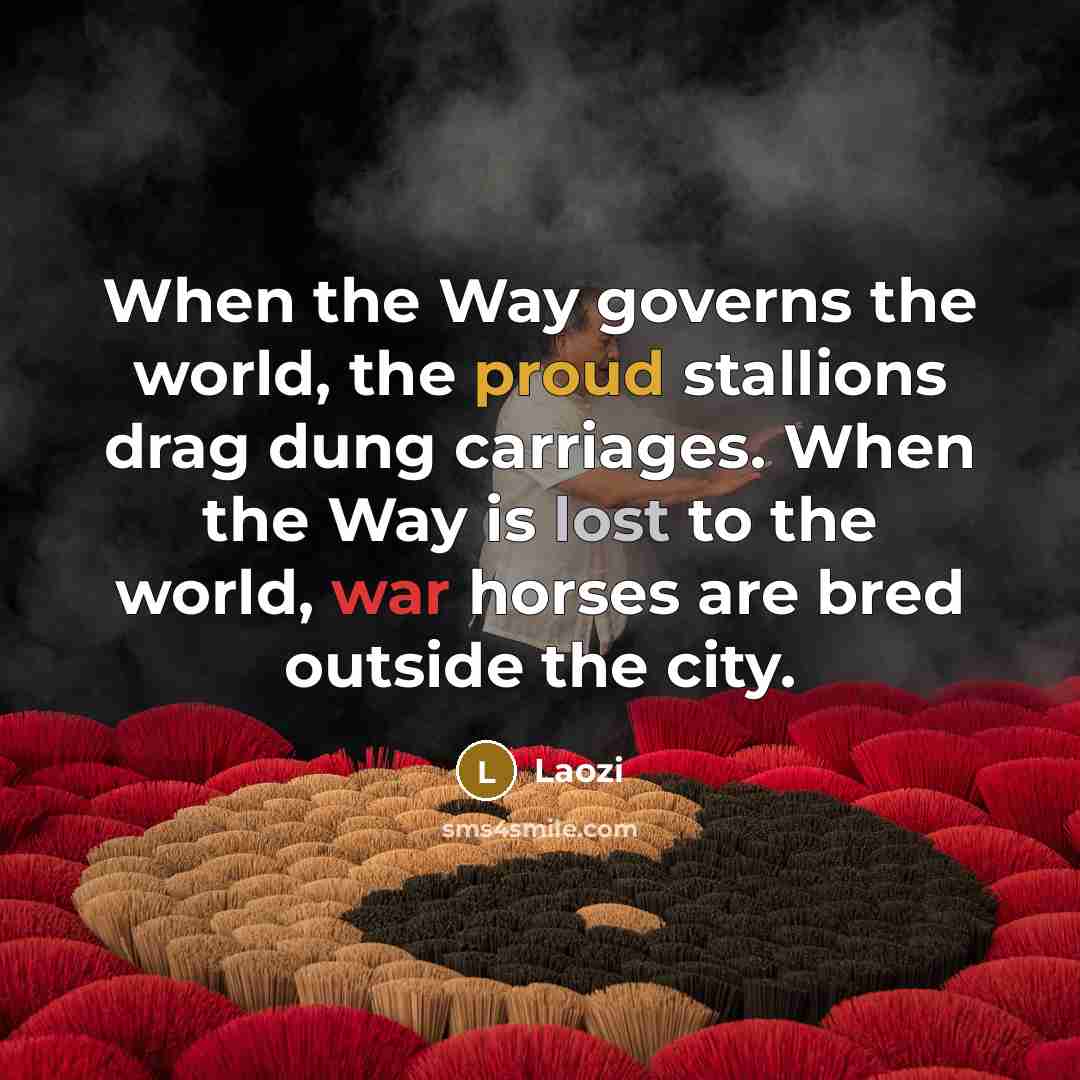 “When the Way governs the world, the proud stallions drag dung carriages. When the Way is lost to the world, war horses are bred outside the city.” quote by Laozi
