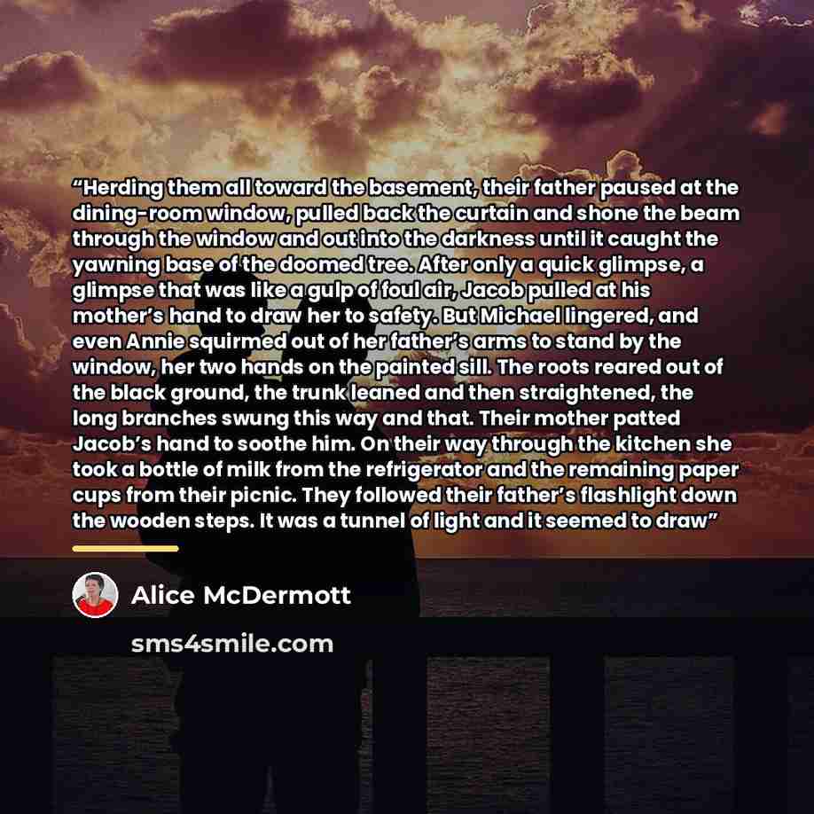 “Herding them all toward the basement, their father paused at the dining-room window, pulled back the curtain and shone the beam through the window and out into the darkness until it caught the yawning base of the doomed tree. After only a quick glimpse, a glimpse that was like a gulp of foul air…” quote by Alice McDermott