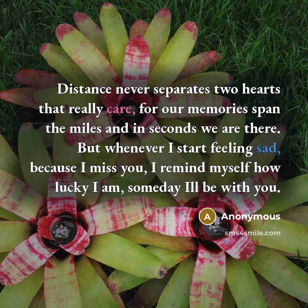 “Distance never separates two hearts that really care, for our memories span the miles and in seconds we are there. But whenever I start feeling sad, because I miss you, I remind myself how lucky I am, someday Ill be with you.” quote by Anonymous