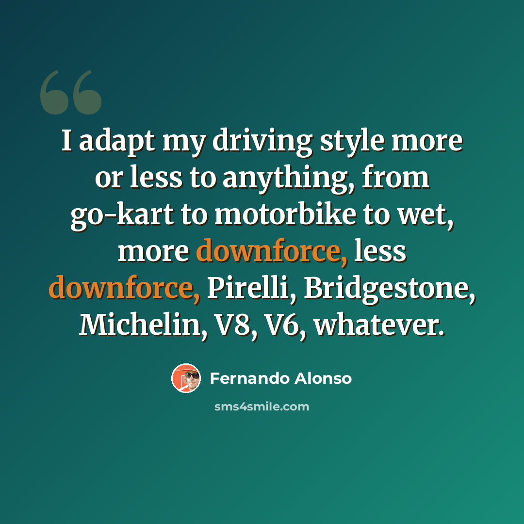 “I adapt my driving style more or less to anything, from go-kart to motorbike to wet, more downforce, less downforce, Pirelli, Bridgestone, Michelin, V8, V6, whatever.” quote by Fernando Alonso