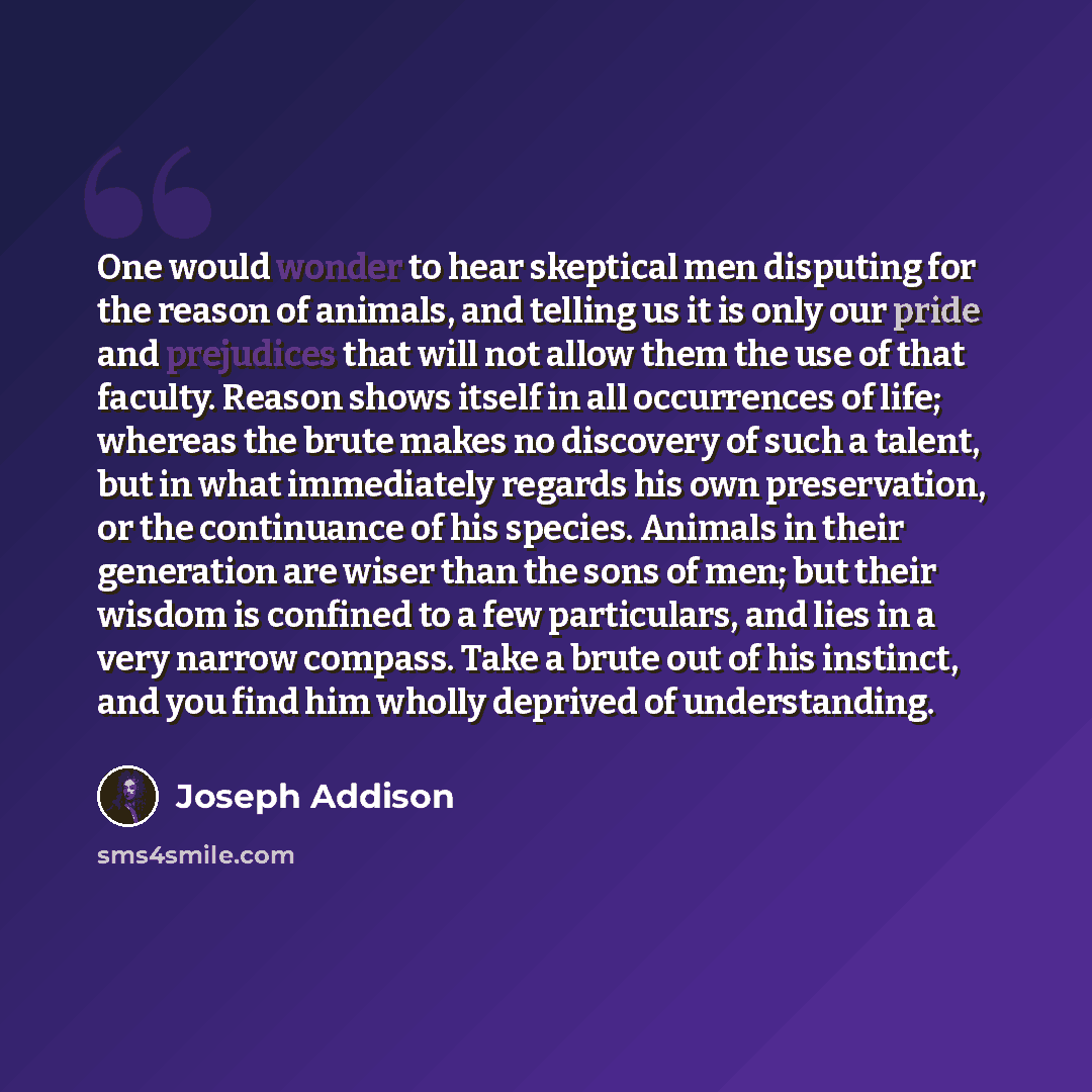 “One would wonder to hear skeptical men disputing for the reason of animals, and telling us it is only our pride and prejudices that will not allow them the use of that faculty. Reason shows itself in all occurrences of life; whereas the brute makes no discovery of such a talent, but in what…” quote by Joseph Addison