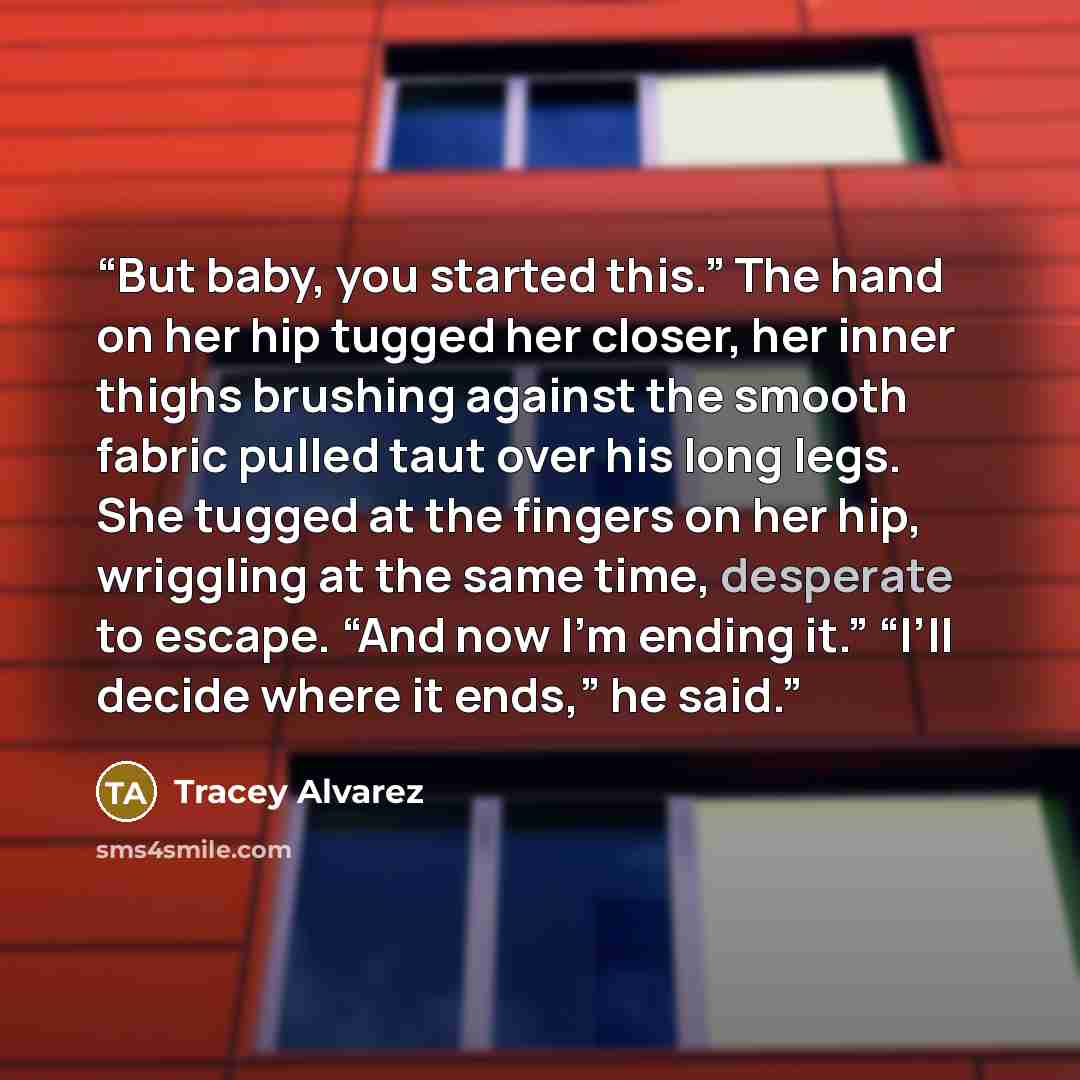 “But baby, you started this.” The hand on her hip tugged her closer, her inner thighs brushing against the smooth fabric pulled taut over his long legs. She tugged at the fingers on her hip, wriggling at the same time, desperate to escape. “And now I’m ending it.” “I’ll decide where it ends,” he…” quote by Tracey Alvarez
