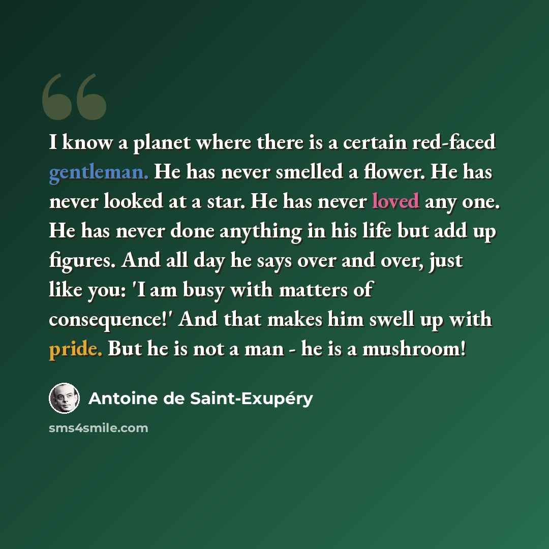 “I know a planet where there is a certain red-faced gentleman. He has never smelled a flower. He has never looked at a star. He has never loved any one. He has never done anything in his life but add up figures. And all day he says over and over, just like you: 'I am busy with matters of…” quote by Antoine de Saint-Exupery