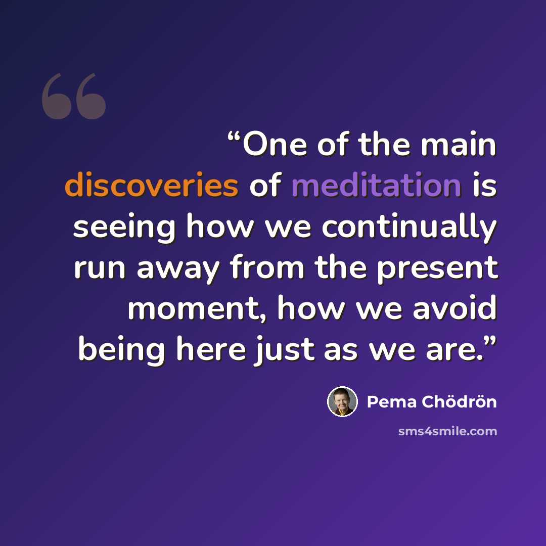“One of the main discoveries of meditation is seeing how we continually run away from the present moment, how we avoid being here just as we are.” quote by Pema Chödrön