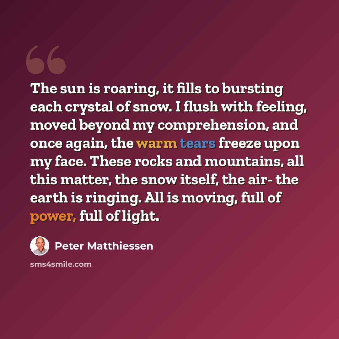 “The sun is roaring, it fills to bursting each crystal of snow. I flush with feeling, moved beyond my comprehension, and once again, the warm tears freeze upon my face. These rocks and mountains, all this matter, the snow itself, the air- the earth is ringing. All is moving, full of power, full of…” quote by Peter Matthiessen