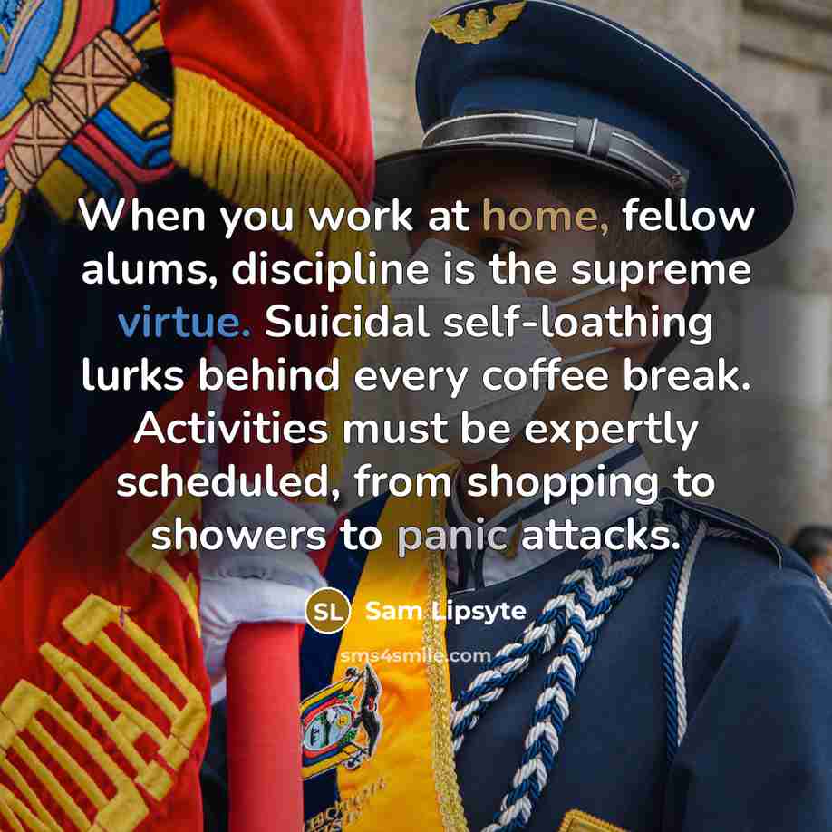 “When you work at home, fellow alums, discipline is the supreme virtue. Suicidal self-loathing lurks behind every coffee break. Activities must be expertly scheduled, from shopping to showers to panic attacks.” quote by Sam Lipsyte