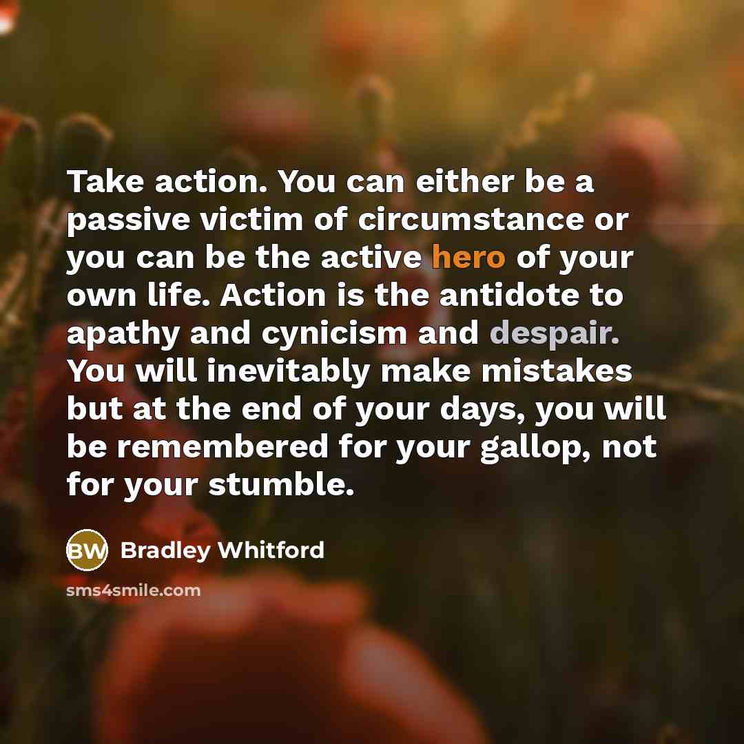 “Take action. You can either be a passive victim of circumstance or you can be the active hero of your own life. Action is the antidote to apathy and cynicism and despair. You will inevitably make mistakes but at the end of your days, you will be remembered for your gallop, not for your stumble.” quote by Bradley Whitford