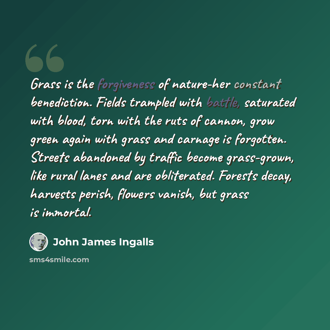 “Grass is the forgiveness of nature-her constant benediction. Fields trampled with battle, saturated with blood, torn with the ruts of cannon, grow green again with grass and carnage is forgotten. Streets abandoned by traffic become grass-grown, like rural lanes and are obliterated. Forests decay…” quote by John James Ingalls