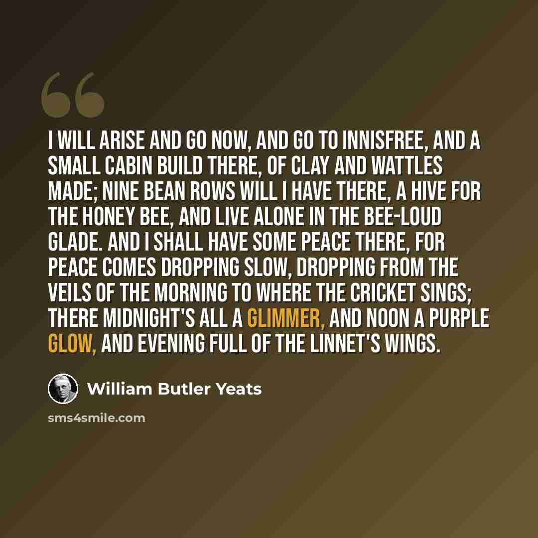 “I will arise and go now, and go to Innisfree, And a small cabin build there, of clay and wattles made; Nine bean rows will I have there, a hive for the honey bee, And live alone in the bee-loud glade. And I shall have some peace there, for peace comes dropping slow, Dropping from the veils of the…” quote by William Butler Yeats