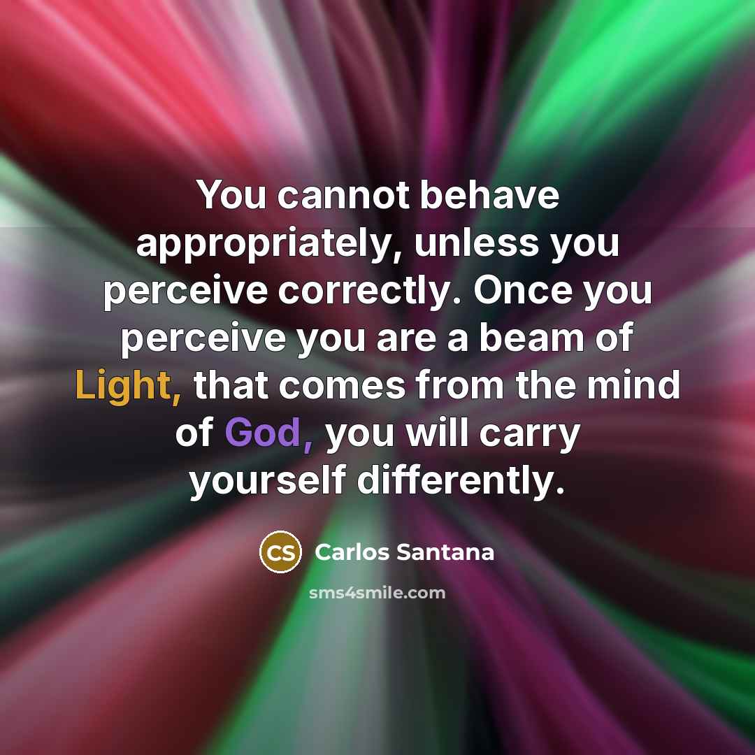 “You cannot behave appropriately, unless you perceive correctly. Once you perceive you are a beam of Light, that comes from the mind of God, you will carry yourself differently.” quote by Carlos Santana