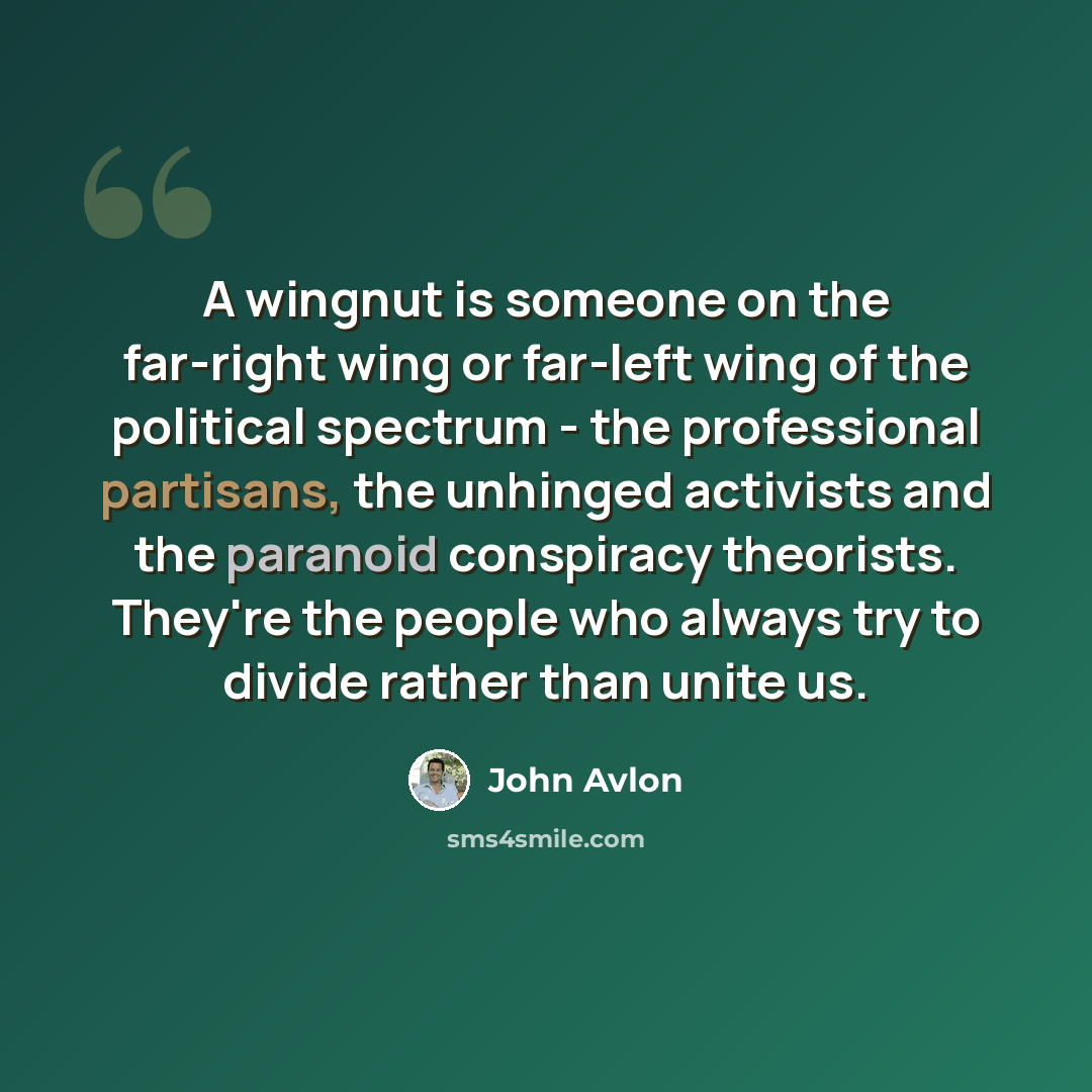 “A wingnut is someone on the far-right wing or far-left wing of the political spectrum - the professional partisans, the unhinged activists and the paranoid conspiracy theorists. They're the people who always try to divide rather than unite us.” quote by John Avlon