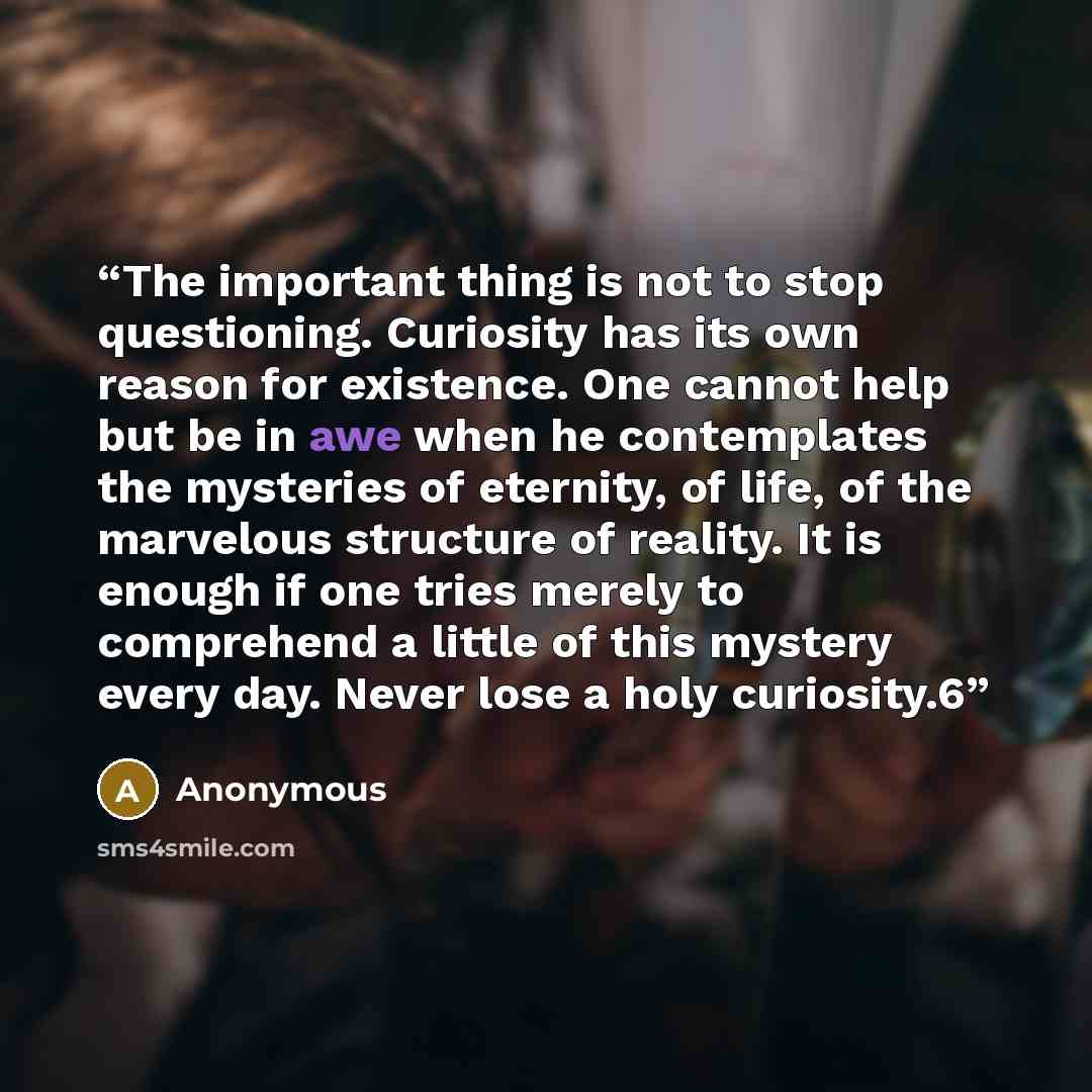 “The important thing is not to stop questioning. Curiosity has its own reason for existence. One cannot help but be in awe when he contemplates the mysteries of eternity, of life, of the marvelous structure of reality. It is enough if one tries merely to comprehend a little of this mystery every…” quote by Anonymous