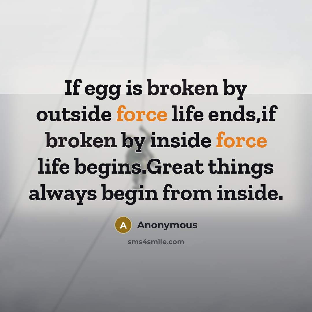 “If egg is broken by outside force life ends,if broken by inside force life begins.Great things always begin from inside.” quote by Anonymous