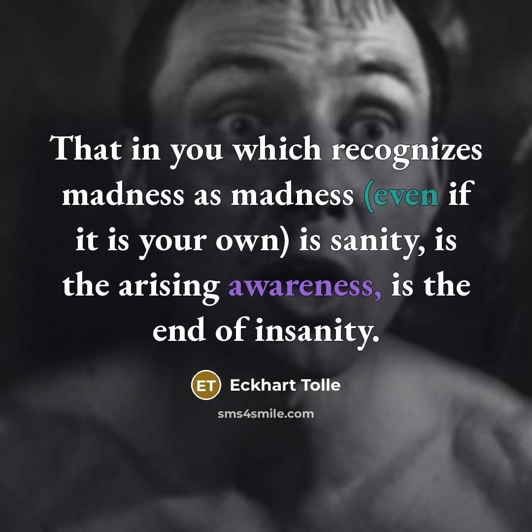 “That in you which recognizes madness as madness (even if it is your own) is sanity, is the arising awareness, is the end of insanity.” quote by Eckhart Tolle