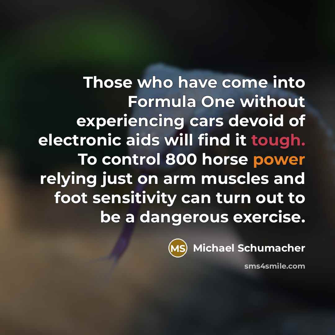 “Those who have come into Formula One without experiencing cars devoid of electronic aids will find it tough. To control 800 horse power relying just on arm muscles and foot sensitivity can turn out to be a dangerous exercise.” quote by Michael Schumacher