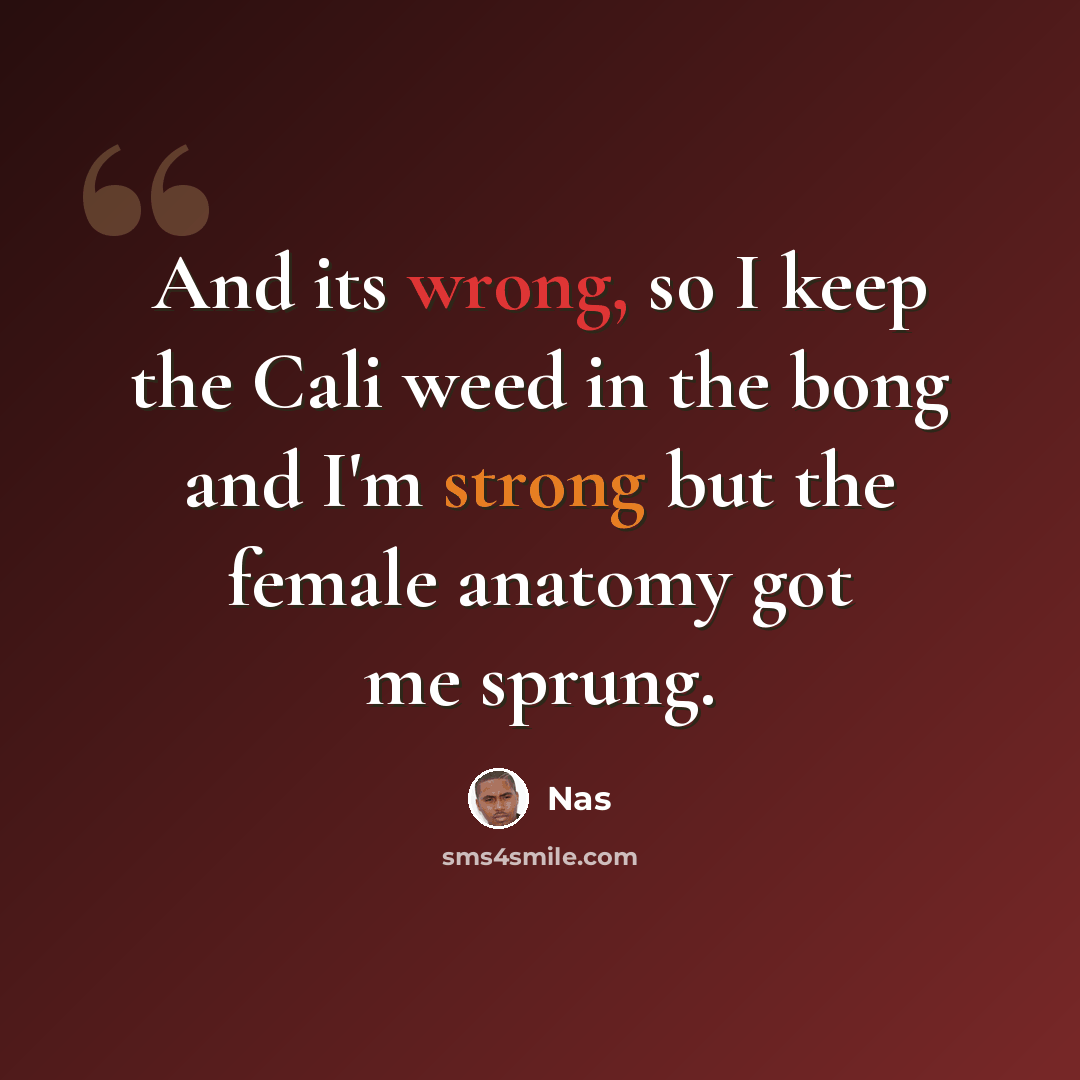 “And its wrong, so I keep the Cali weed in the bong and I'm strong but the female anatomy got me sprung.” quote by Nas