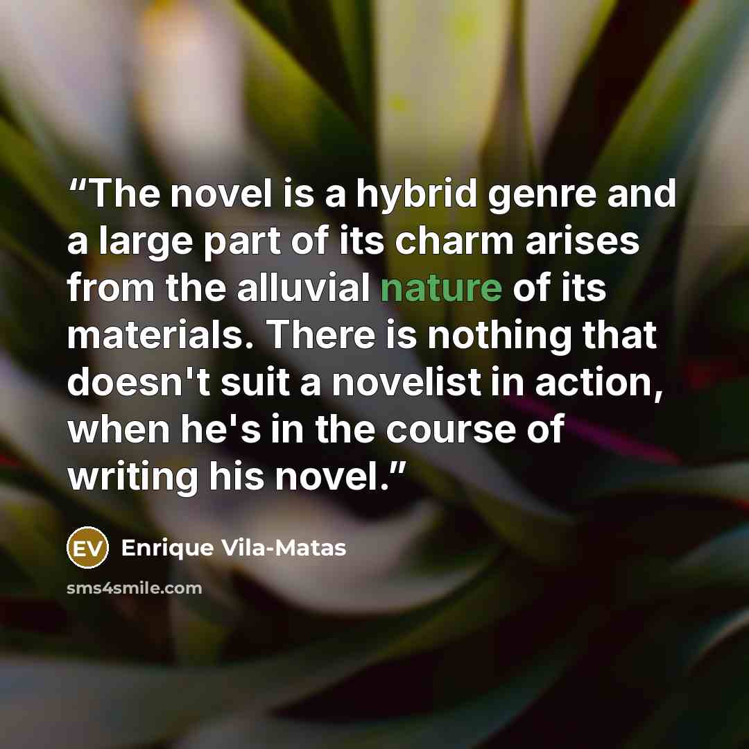 “The novel is a hybrid genre and a large part of its charm arises from the alluvial nature of its materials. There is nothing that doesn't suit a novelist in action, when he's in the course of writing his novel.” quote by Enrique Vila-Matas