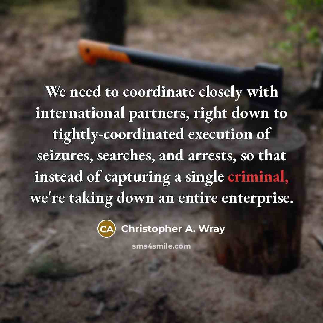 “We need to coordinate closely with international partners, right down to tightly-coordinated execution of seizures, searches, and arrests, so that instead of capturing a single criminal, we're taking down an entire enterprise.” quote by Christopher A. Wray