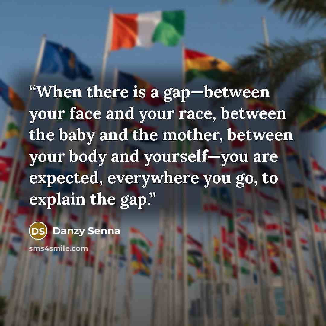 “When there is a gap—between your face and your race, between the baby and the mother, between your body and yourself—you are expected, everywhere you go, to explain the gap.” quote by Danzy Senna