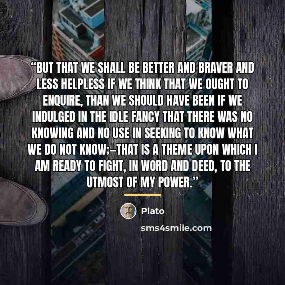 “But that we shall be better and braver and less helpless if we think that we ought to enquire, than we should have been if we indulged in the idle fancy that there was no knowing and no use in seeking to know what we do not know;—that is a theme upon which I am ready to fight, in word and deed, to…” quote by Plato