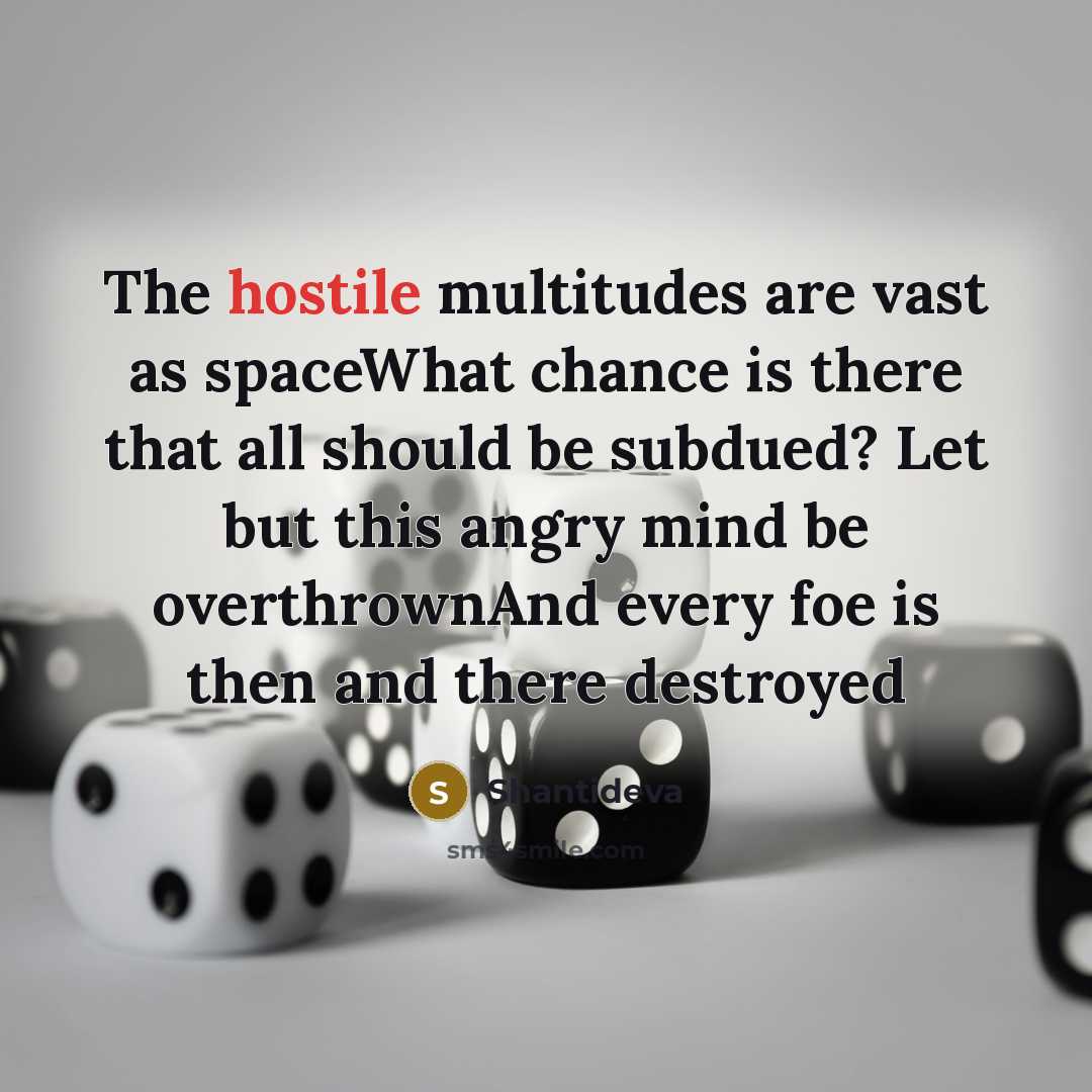 “The hostile multitudes are vast as spaceWhat chance is there that all should be subdued? Let but this angry mind be overthrownAnd every foe is then and there destroyed” quote by Shantideva