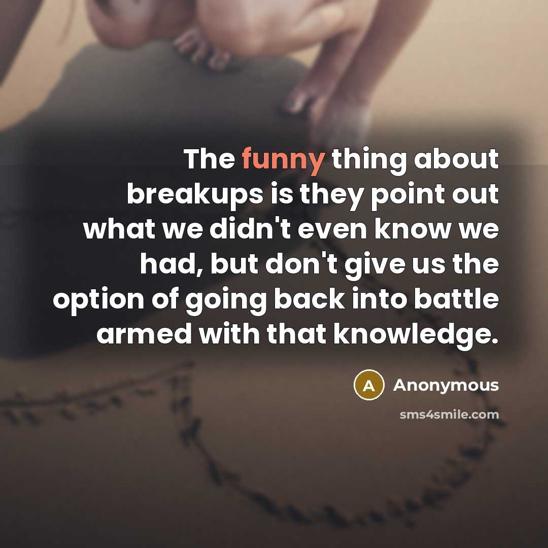 “The funny thing about breakups is they point out what we didn't even know we had, but don't give us the option of going back into battle armed with that knowledge.” quote by Anonymous