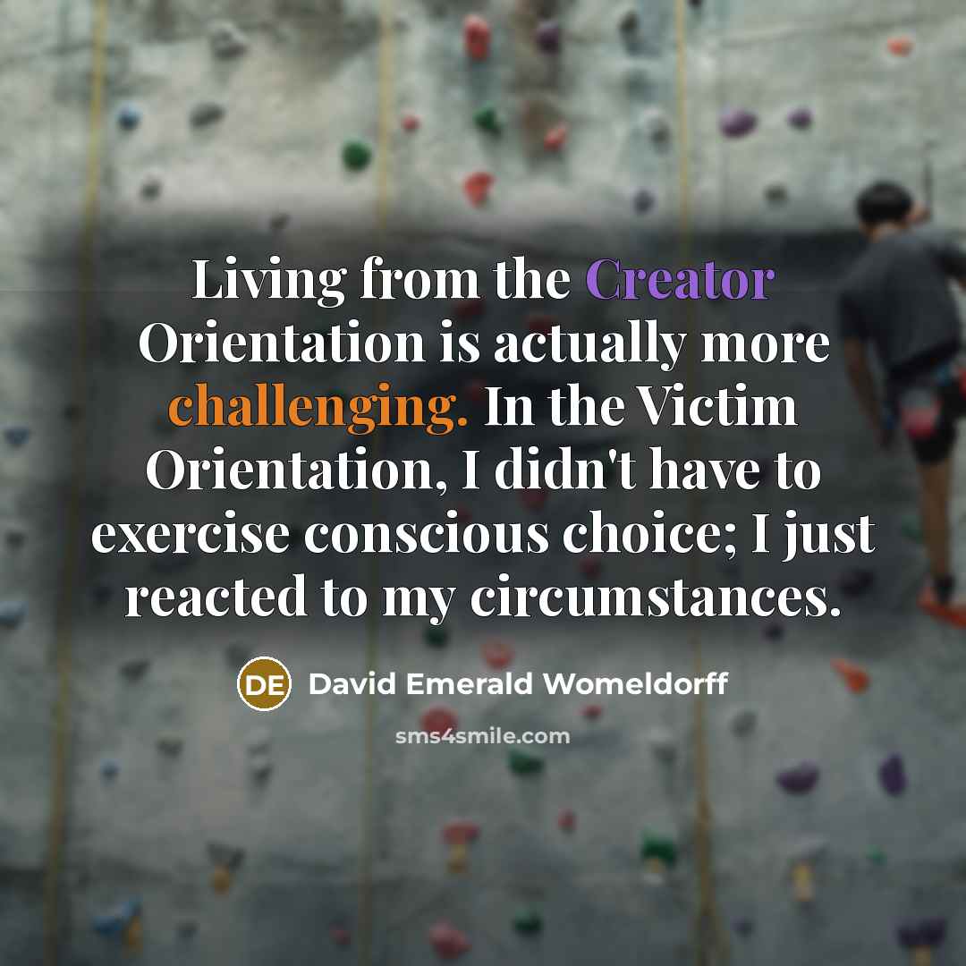 “Living from the Creator Orientation is actually more challenging. In the Victim Orientation, I didn't have to exercise conscious choice; I just reacted to my circumstances.” quote by David Emerald Womeldorff