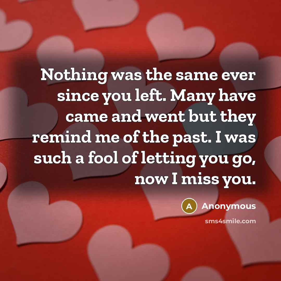 “Nothing was the same ever since you left. Many have came and went but they remind me of the past. I was such a fool of letting you go, now I miss you.” quote by Anonymous